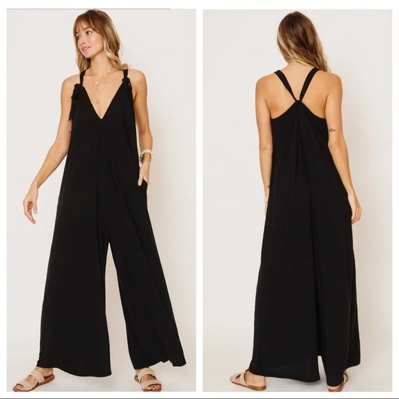 FAVORITE Fabulous Tie shoulder Black Maxi wide leg jumpsuit - Picture 1 of 5